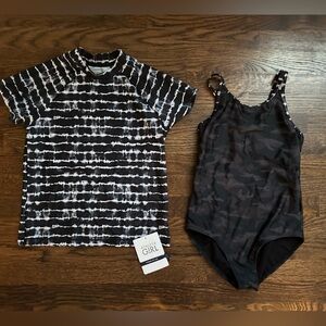 Athleta Girl Black and White Tie-Dye/Camo 1-piece Swimsuit Set SIZE XL (14)